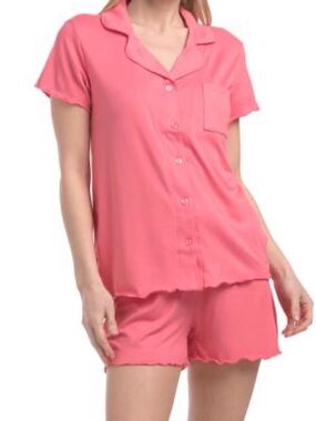 Born Hot Pink Short Pajama Set - Button-Front Top & Scalloped Shorts